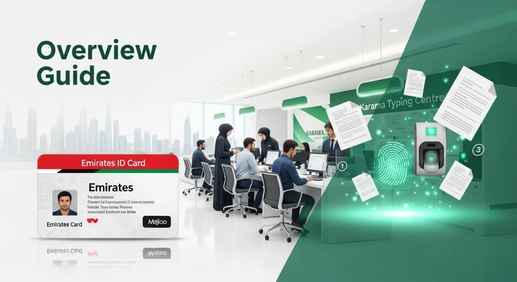 Modern informational YouTube thumbnail showing Emirates ID card prominently in foreground, Karama typing center office interior with staff assisting customers, people filling forms at service desks, UAE government-style clean office design, biometric fingerprint scanner and document icons floating, Dubai skyline subtly in background, green and white UAE theme colors, ‘Overview Guide’ style visual layout, digital interface elements showing application process steps, soft glowing highlights, professional corporate look, space for bold text overlay, ultra realistic, cinematic composition, 4K quality, 16:9 aspect ratio, government services explainer thumbnail style