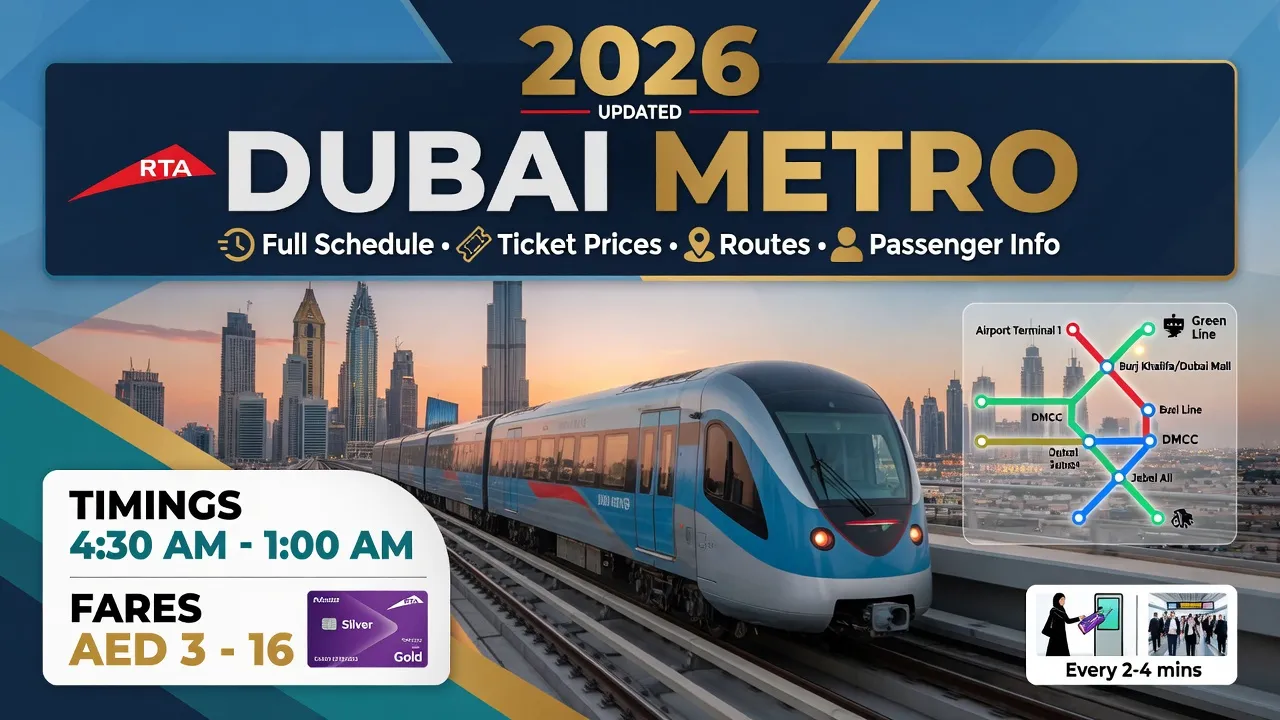 Dubai Metro Timings Fares Travel Guide (2026): Full Schedule, Ticket Prices, Routes & Passenger Information