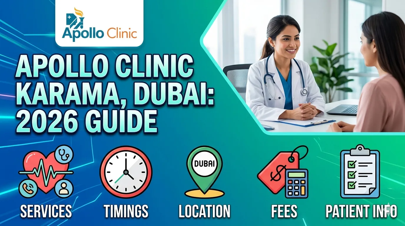 Apollo Clinic Karama Center Dubai (2026 Guide): Services, Timings, Location, Fees & Patient Information i need professional thumbnail dont copy past make a unique style
